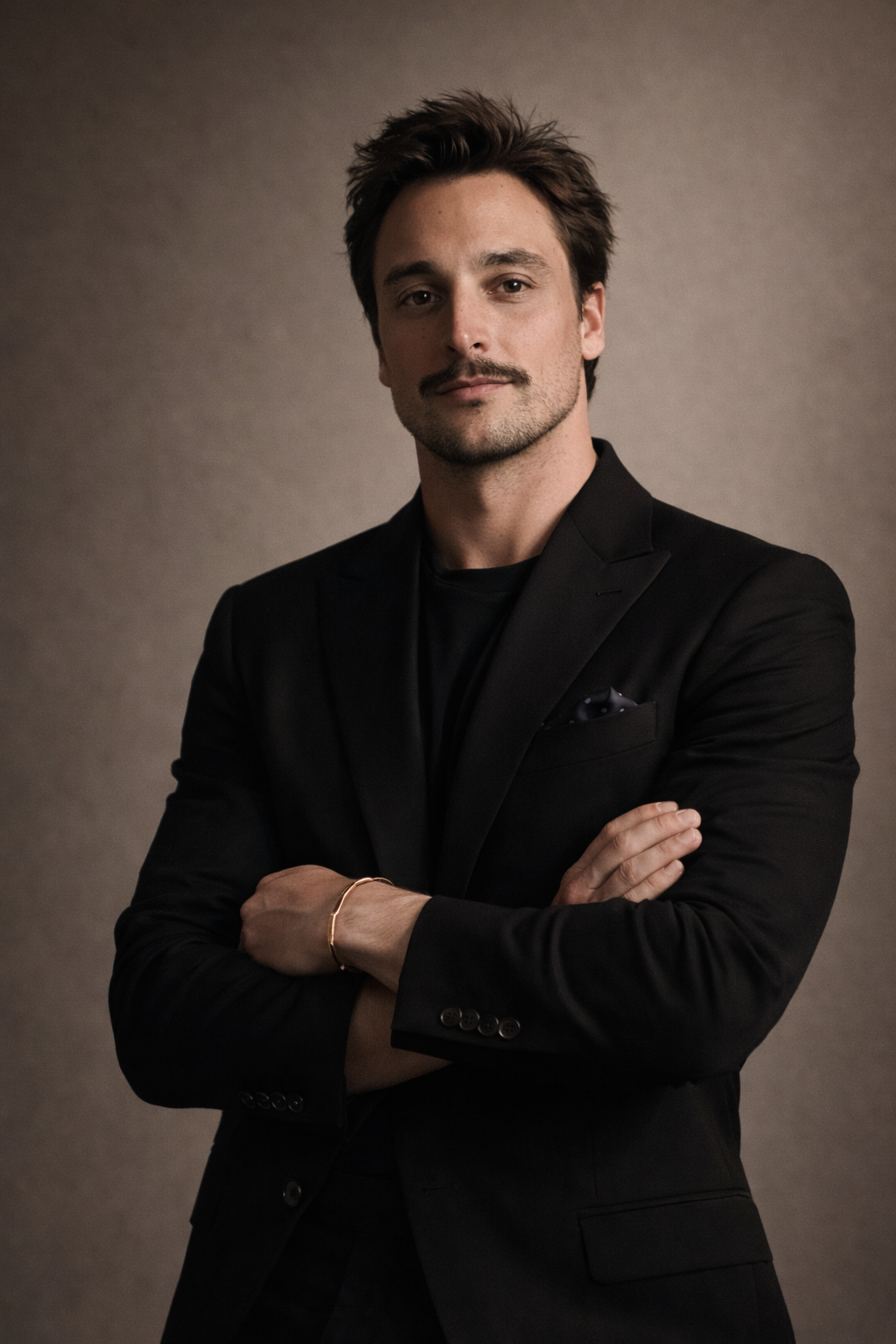 A man with dark hair and a mustache in a black suit, standing with arms crossed against a neutral background.