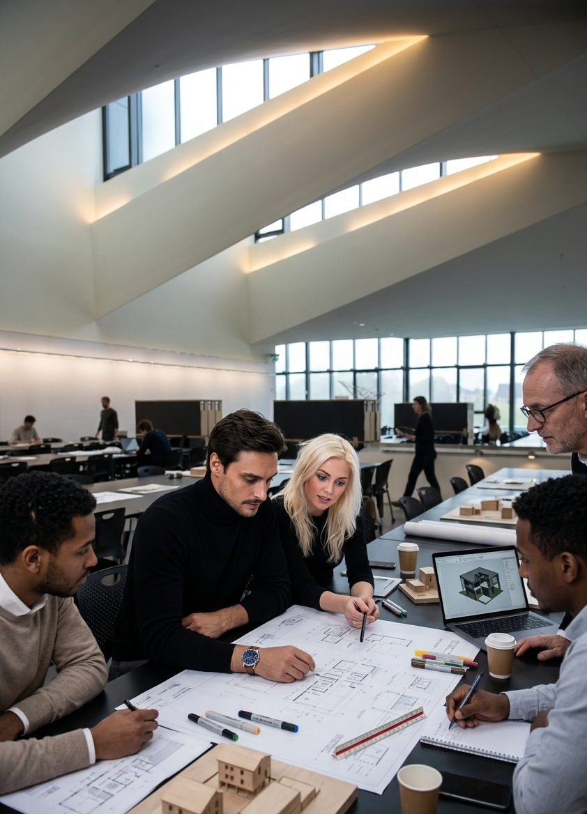 Architects and designers collaborating on building plans in a modern office during a meeting.