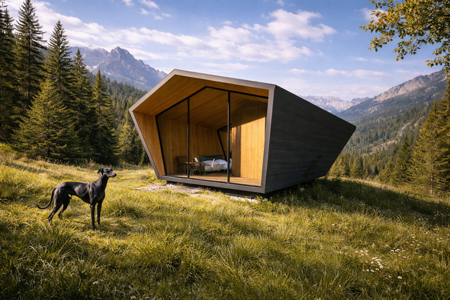 A modern black and wooden structure with a slanted roof in a forest clearing, with mountains in the background and a black dog standing on the grass in front of it.