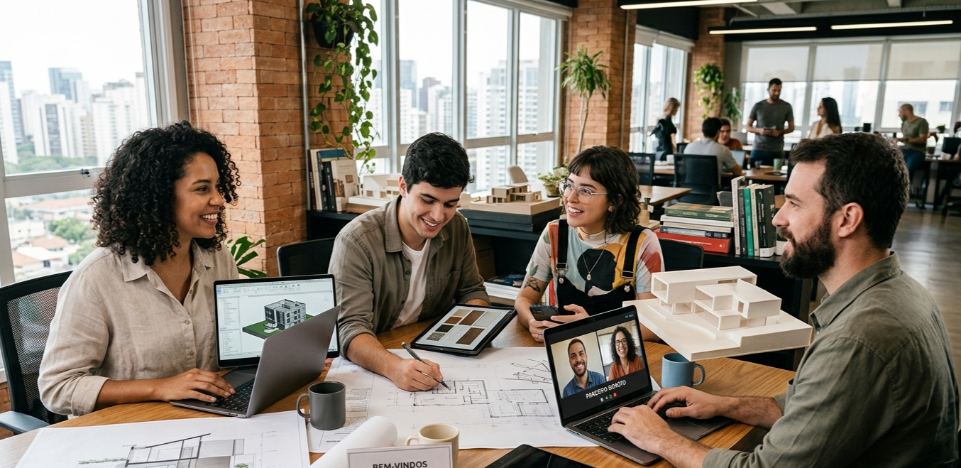 Group of five diverse people in a modern office, working on architecture plans, using laptops and tablets, with a city skyline outside the windows.