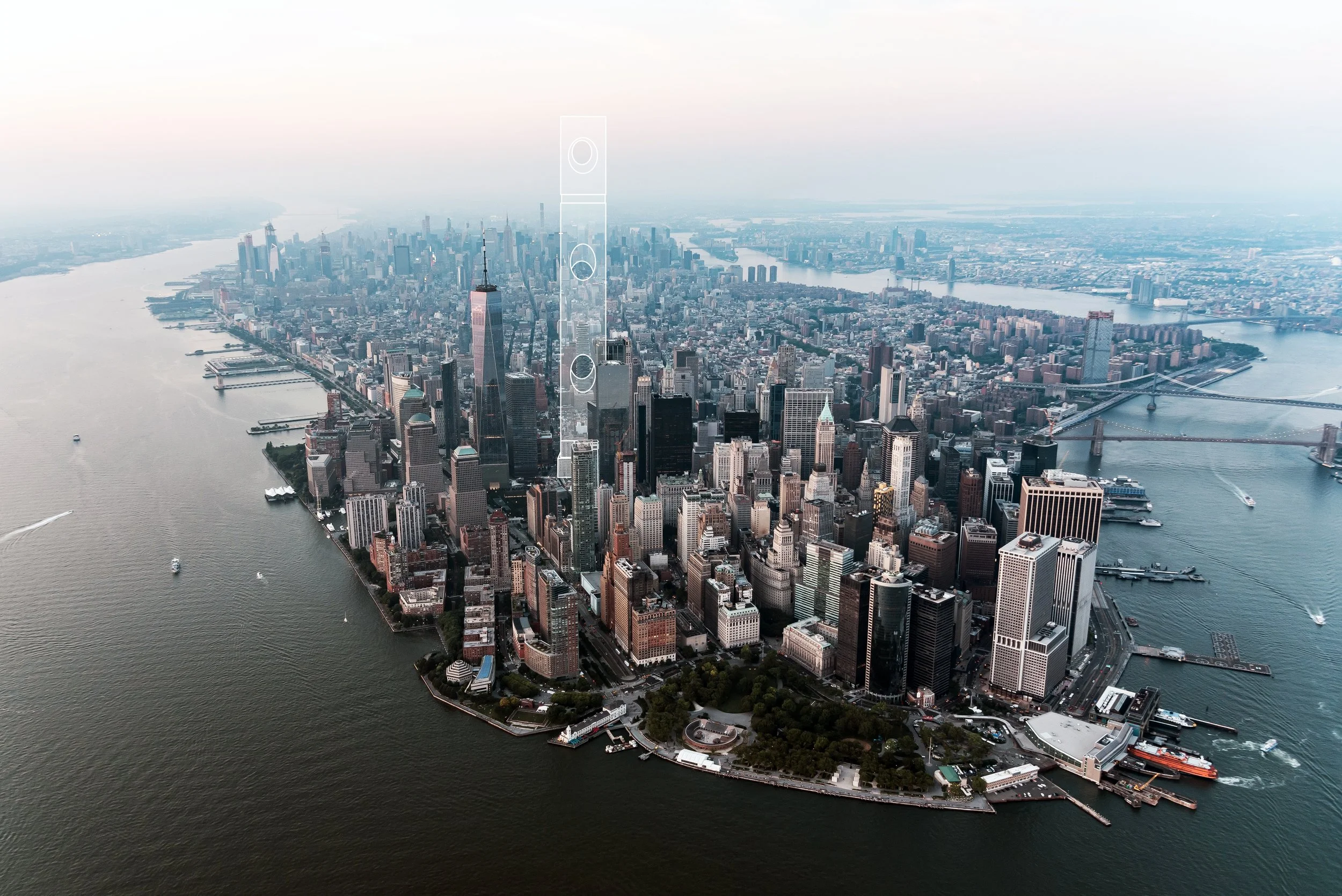 Aerial view of Manhattan, New York City, with the Manhattan skyline, rivers, and bridges visible.