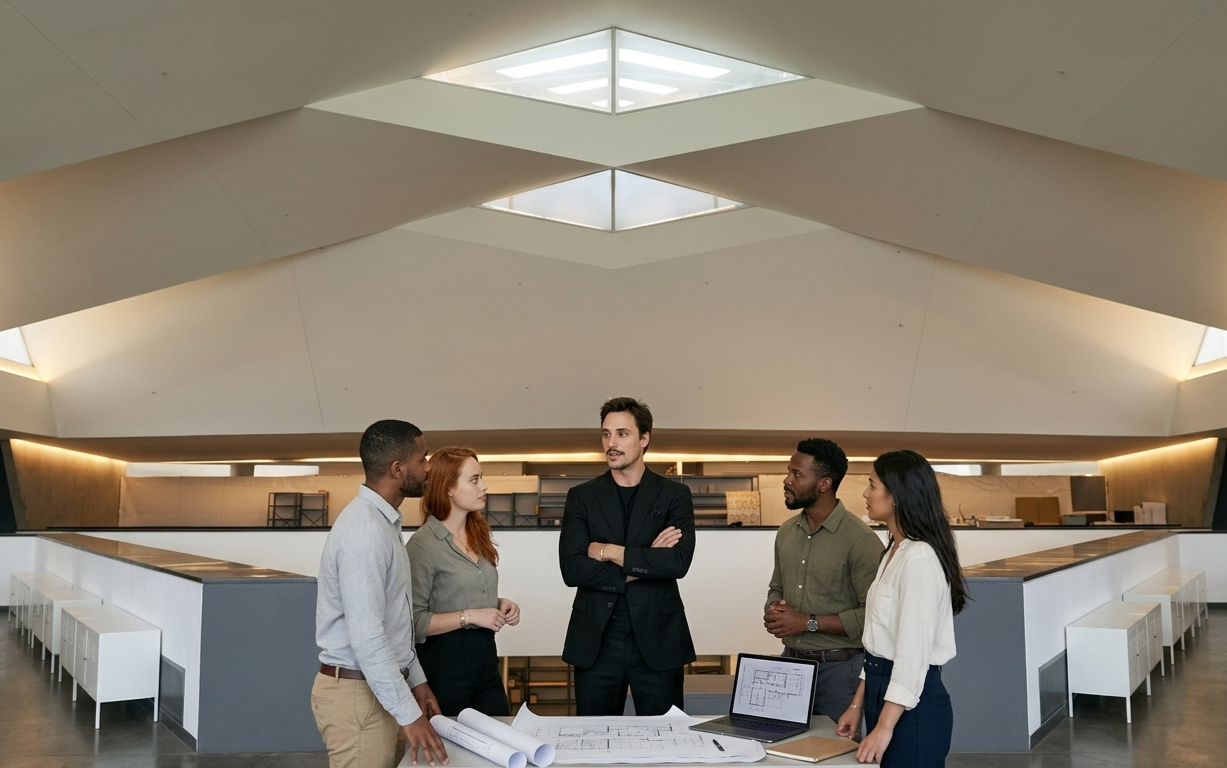 A diverse group of five professionals in business attire in a modern office space, engaged in a discussion around a table with blueprints and a laptop.