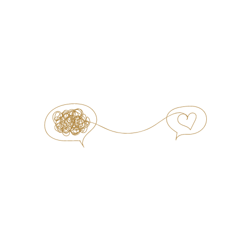 A black background with two goldlined speech bubbles connected by a single line. The left bubble contains a scribbled mess, and the right bubble has a heart inside.