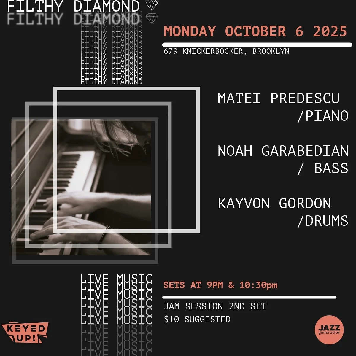 TRIO tonight at 679 Knickerbocker with @noahgnoahg @kayvon.gordon . Sets at 9pm and 10:30pm. Come sit in and play chess with @ridgewick.chess . $10 suggested. Thanks @keyed__up @jazz_generation for the support.