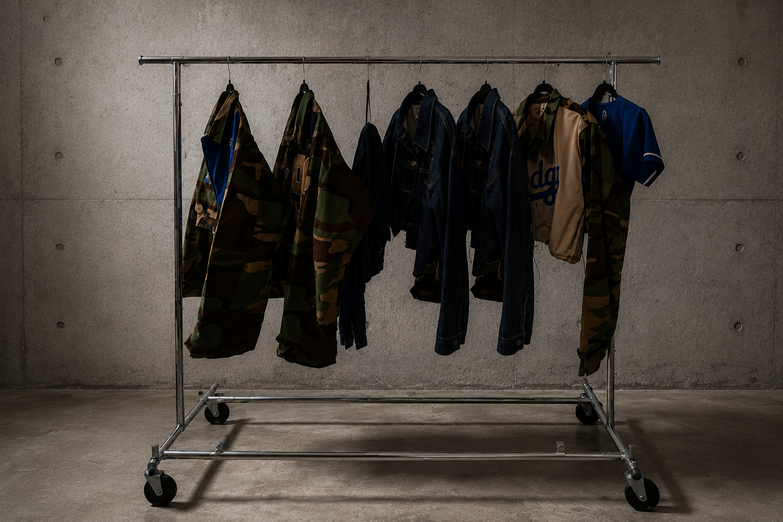 Clothing rack with camouflage jackets, dark denim jeans, and a beige baseball jersey with blue lettering on a metal pole in an industrial setting.