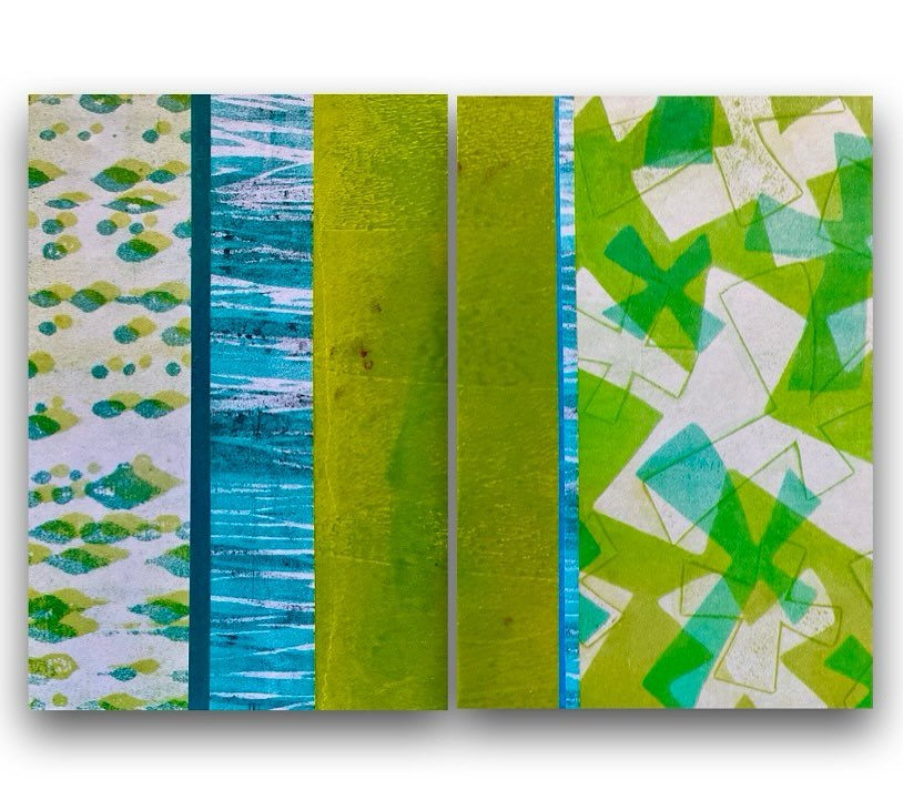 Front and back covers of the same collaged journal. Papers all created on the gel plate.
Layered image transfers. Hand cut paper masks. 
We&rsquo;re going to have fun making collage papers like these at my workshops this coming weekend in Gibsons, BC