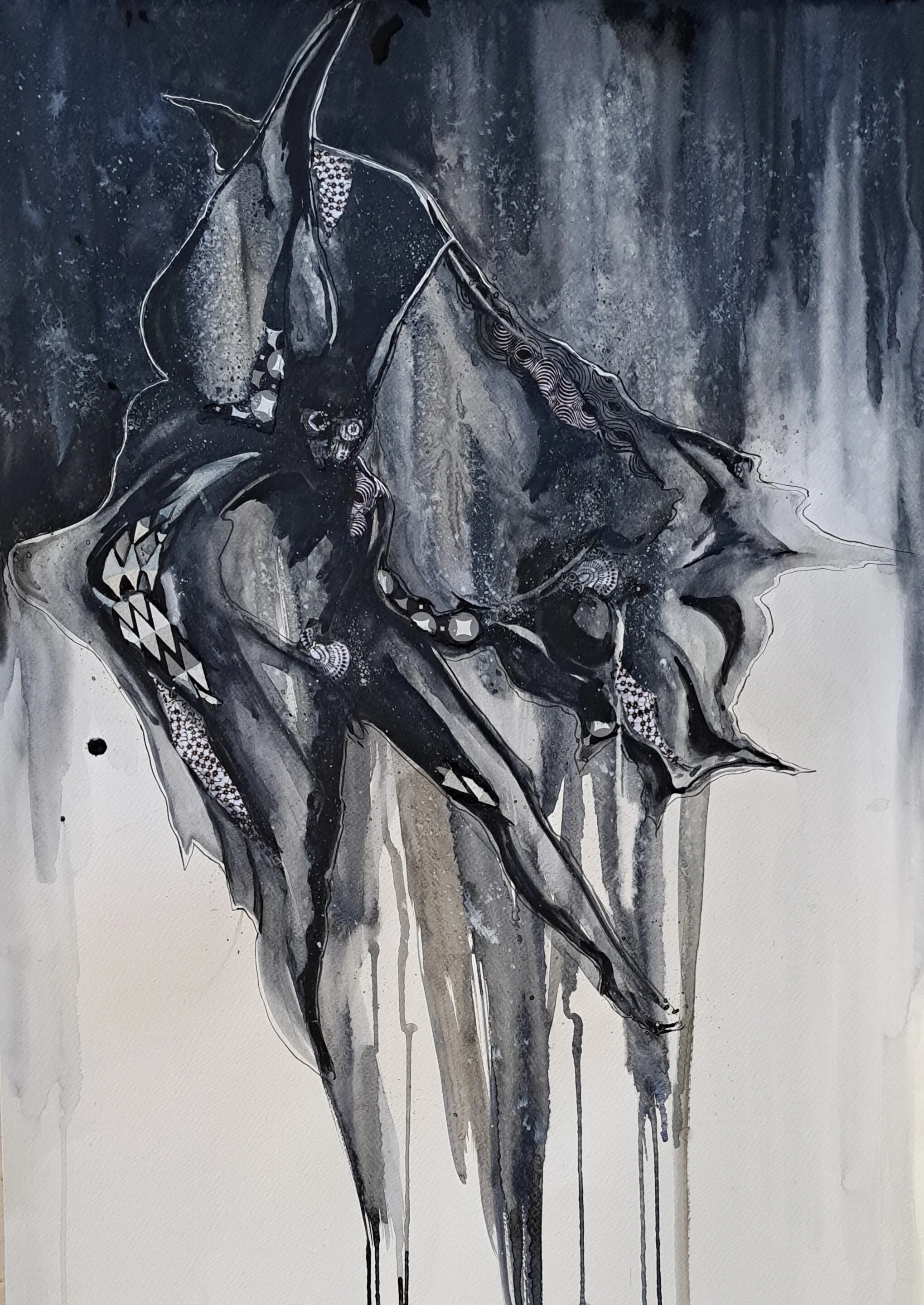 Bat, 50x70cm, 2023.
Watercolour and decorative papers.
Price available on request