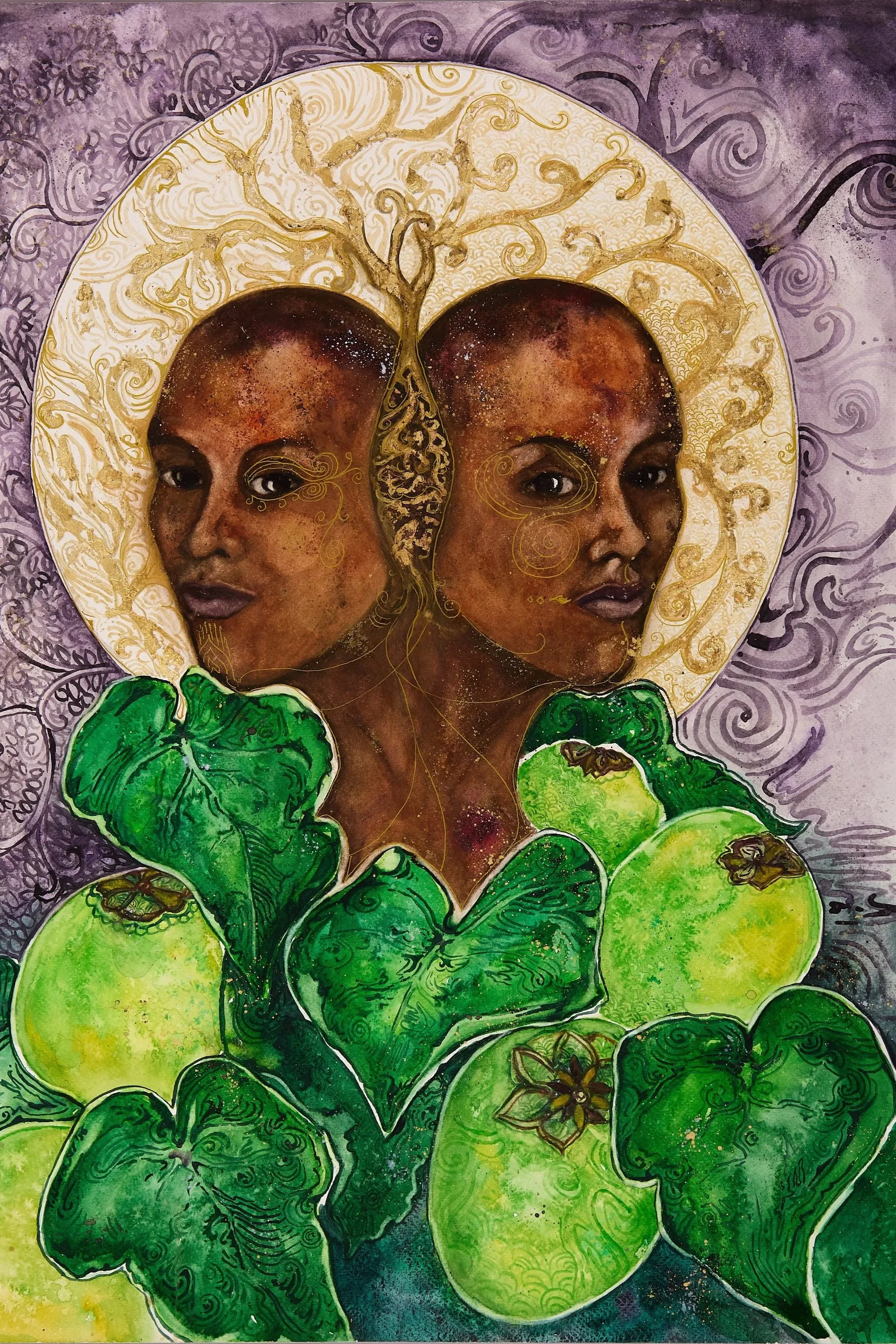 Two Faced 20x28" (50x70cm) Watercolour and gold leaf, 2025.
Price Available on Request