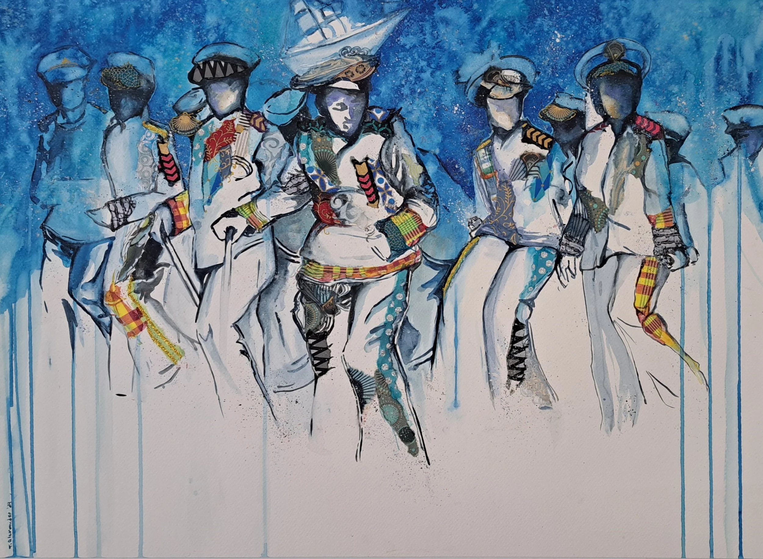 The Arrivants, 2024.
50x70cm.
Watercolour and decorative papers.
Price available on request