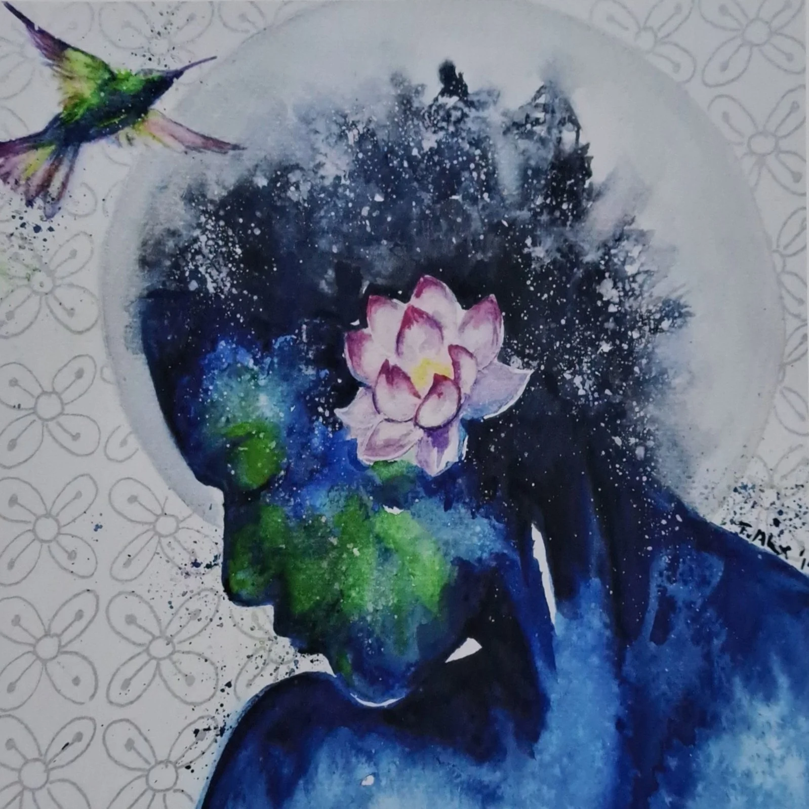 Watercolor painting of a hummingbird flying near a pink lotus flower, with a dark, starry background and scattered white speckles, on a floral patterned surface.