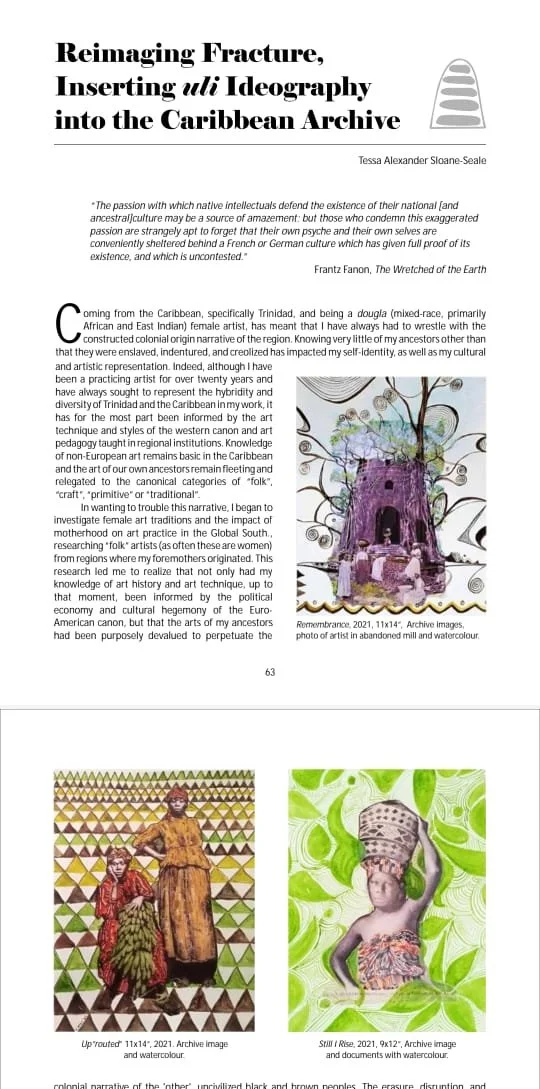 This image features an academic article titled "Reimagining Fracture, Inserting uli Ideography into the Caribbean Archive" by Tessa Alexander Sloane-Seale. The article discusses Caribbean cultural identity and features three images: a watercolor of an abandoned mill with a purple tower, a photograph of two women in traditional attire with geometric background patterns, and a mixed media art piece of a woman with a basket on her head surrounded by green abstract patterns.