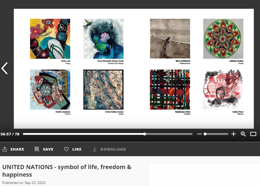 A collage of nine diverse artworks, each created by different artists from various countries, including abstract, landscape, and cultural designs.