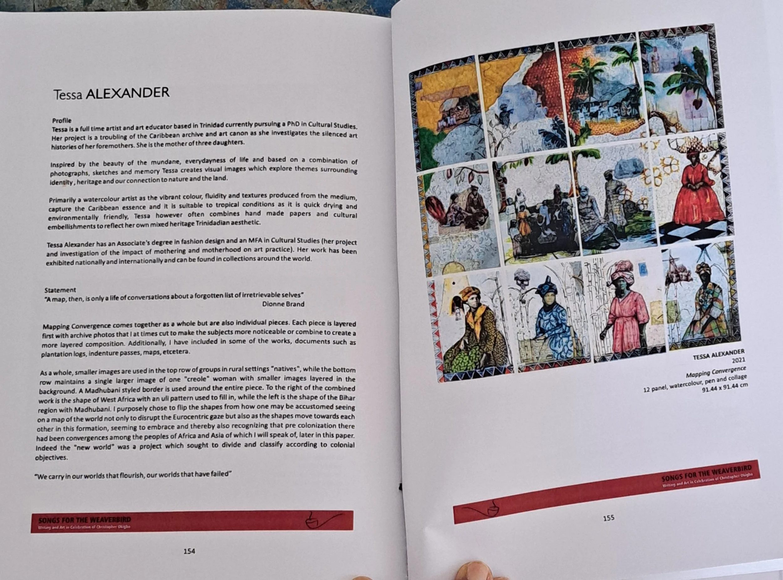 Open art catalog displaying a page with a colorful collage of watercolor paintings and a page with text about artist Tessa Alexander.