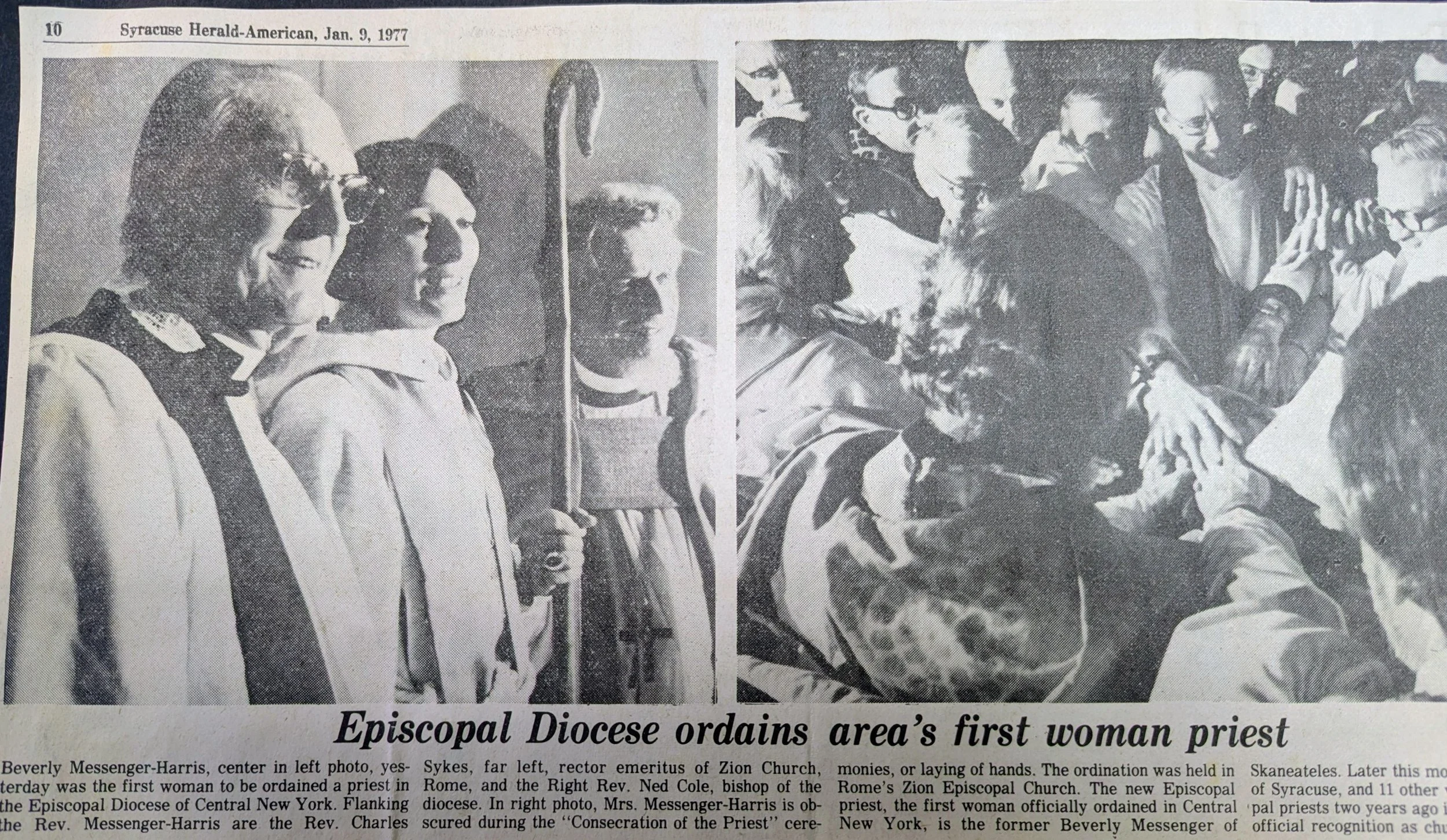 Newspaper clipping from Jan. 9 1977 announcing Beverly Messenger-Harris' ordination