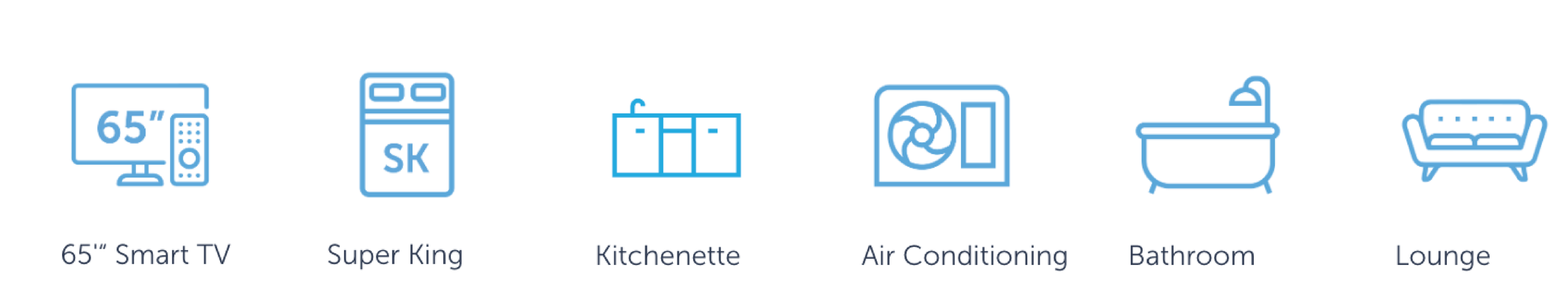 Icons and labels for home appliances and furniture: 65-inch smart TV, Super King bed, kitchenette, air conditioning unit, bathroom with bathtub, lounge sofa.