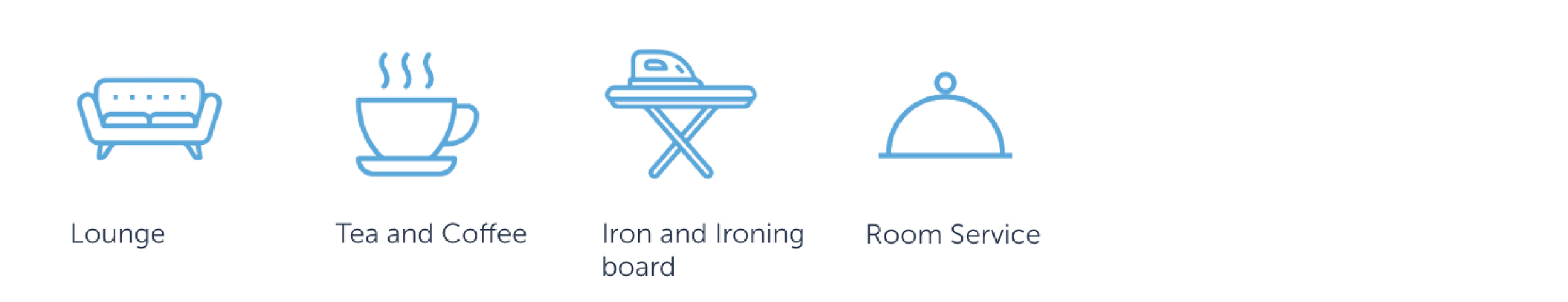 Icons depicting a sofa labeled 'Lounge', a steaming cup labeled 'Tea and Coffee', an iron on an ironing board labeled 'Iron and Ironing board', and a cloche serving dish labeled 'Room Service'.