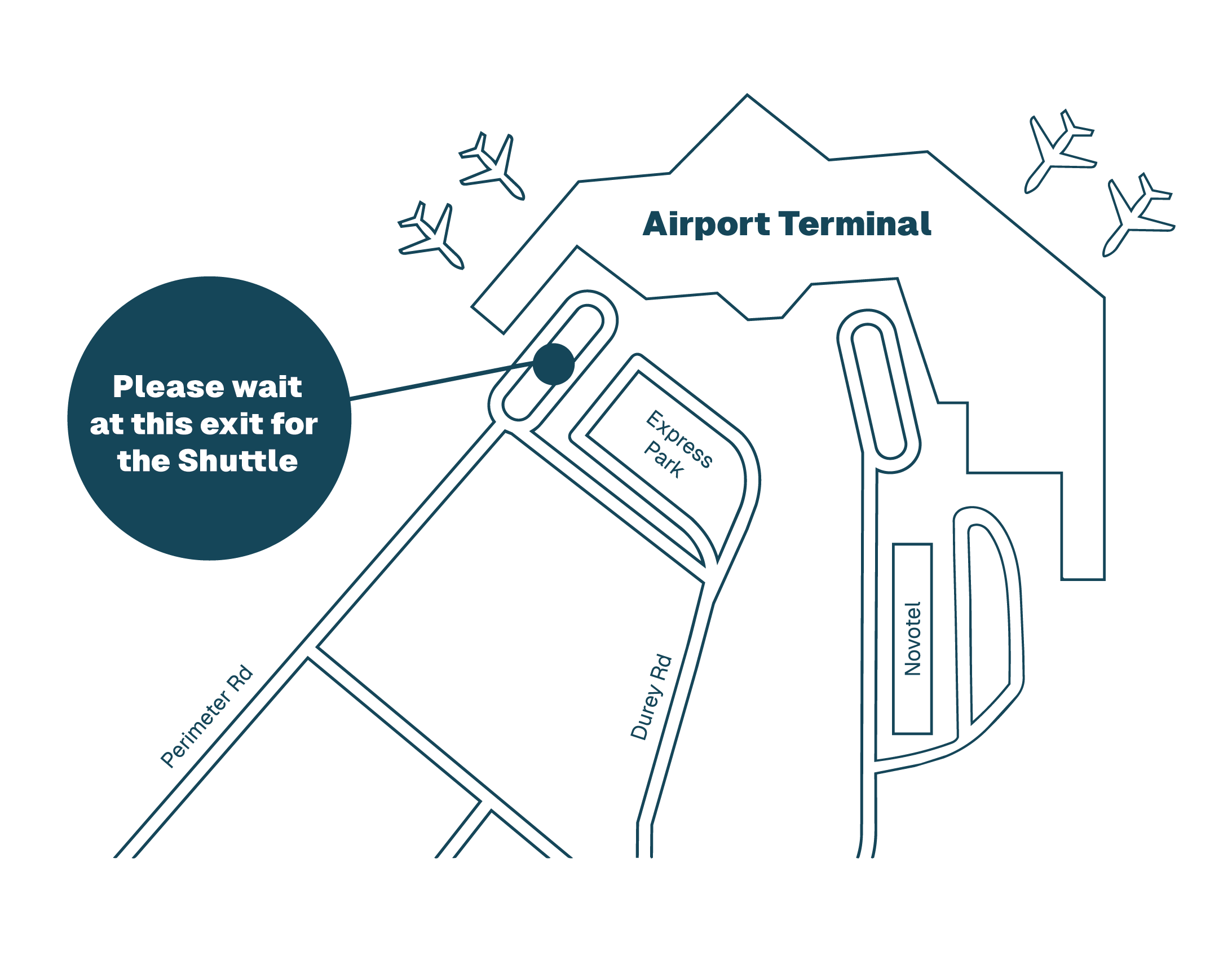 Map with airplane icons, a parking lot labeled 'Express Park', and a message bubble that says 'Please wait at this exit for the Shuttle'.