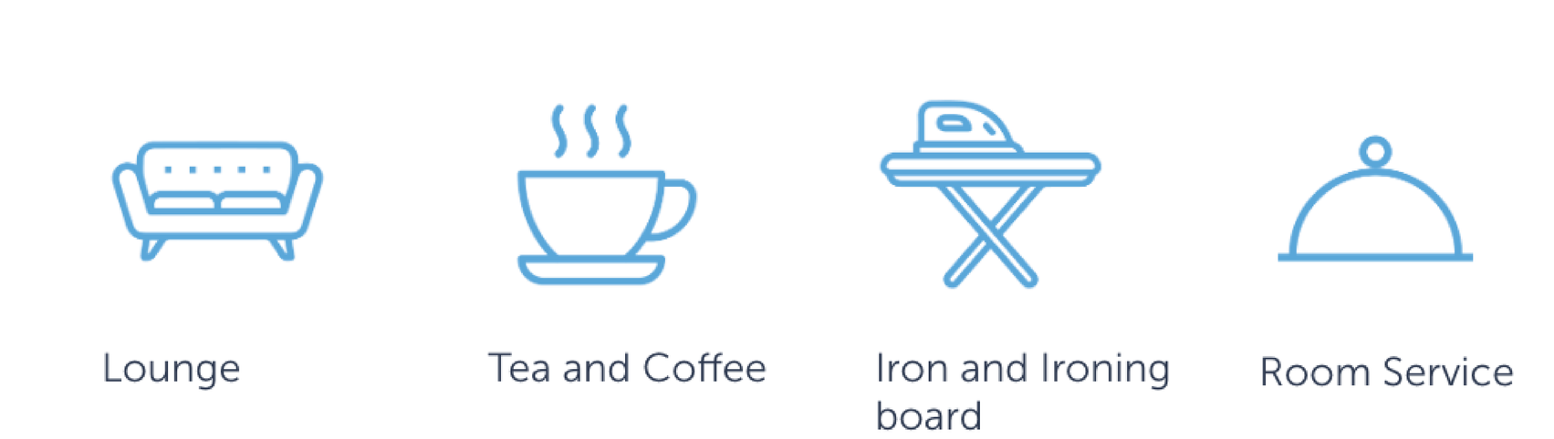Icons representing home amenities: a sofa for lounge, a steaming cup for tea and coffee, an iron on an ironing board, and a cloche for room service.
