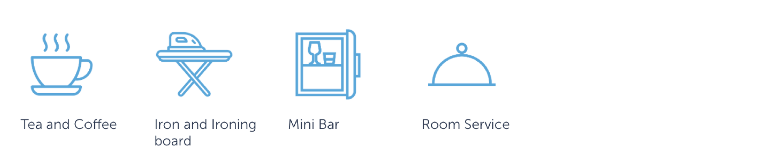 Icons representing Tea and Coffee, Iron and Ironing board, Mini Bar, and Room Service