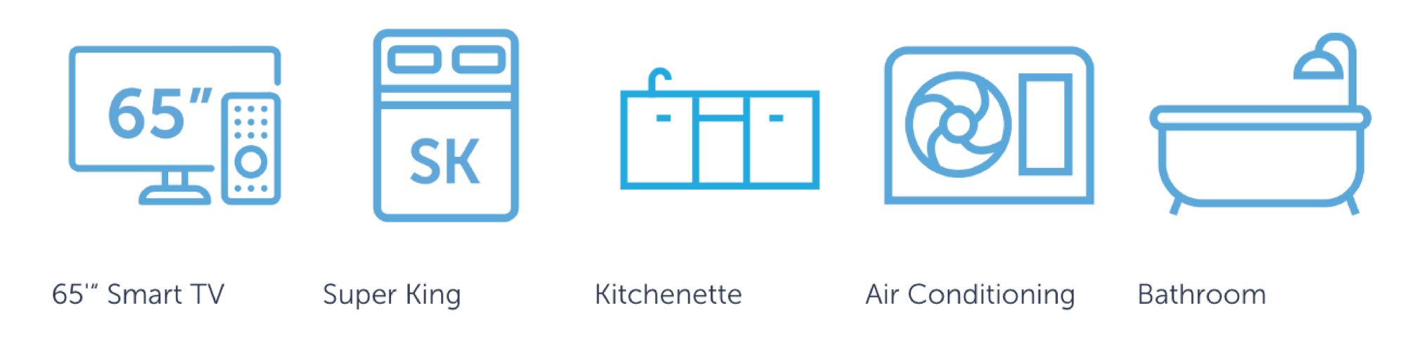 Icon line drawings of household appliances and items labeled as 65 inch smart TV, Super King, Kitchenette, Air Conditioning, Bathroom.