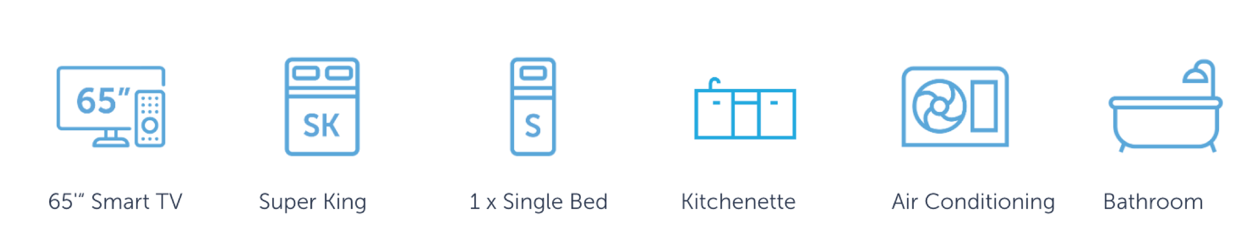 Icons and labels for various home appliances and furniture: 65-inch smart TV, Super King bed, single bed, kitchenette, air conditioning, bathtub.