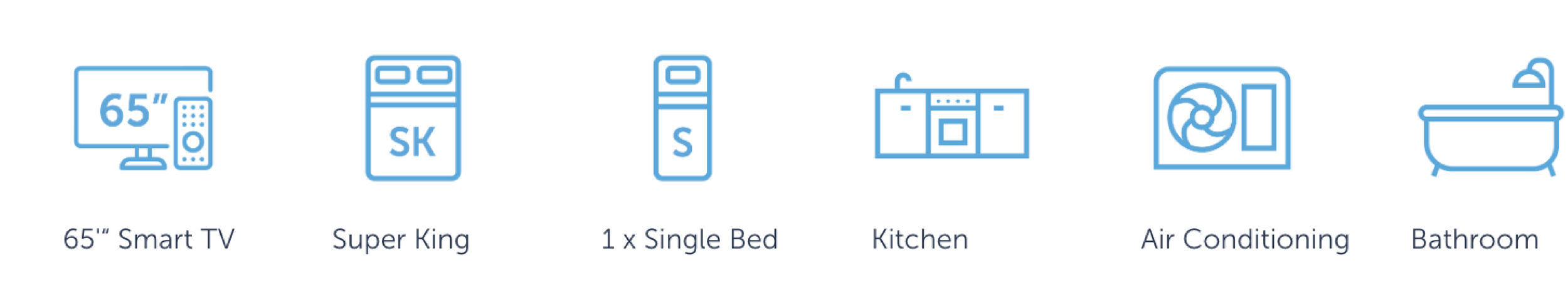 Icons representing a 65-inch smart TV, a super king bed, a single bed, a kitchen, an air conditioner, and a bathroom.