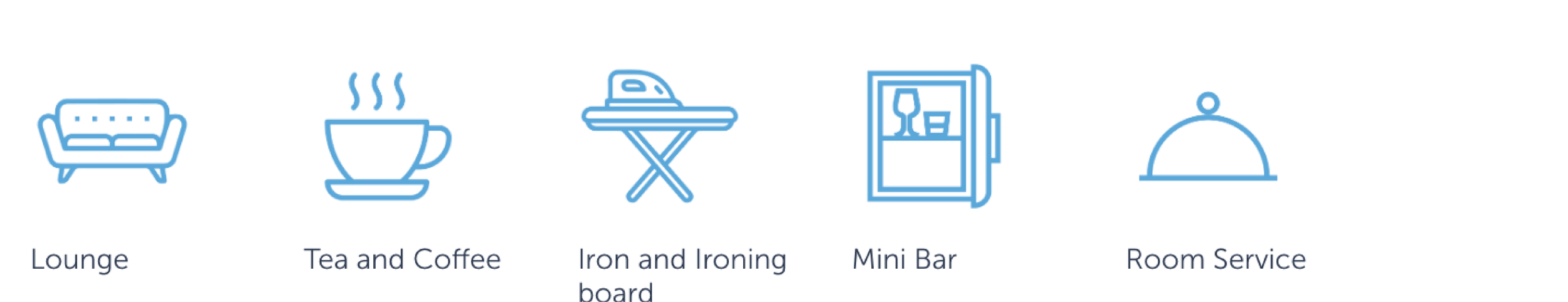 Icons representing lounge, tea and coffee, iron and ironing board, mini bar, and room service.