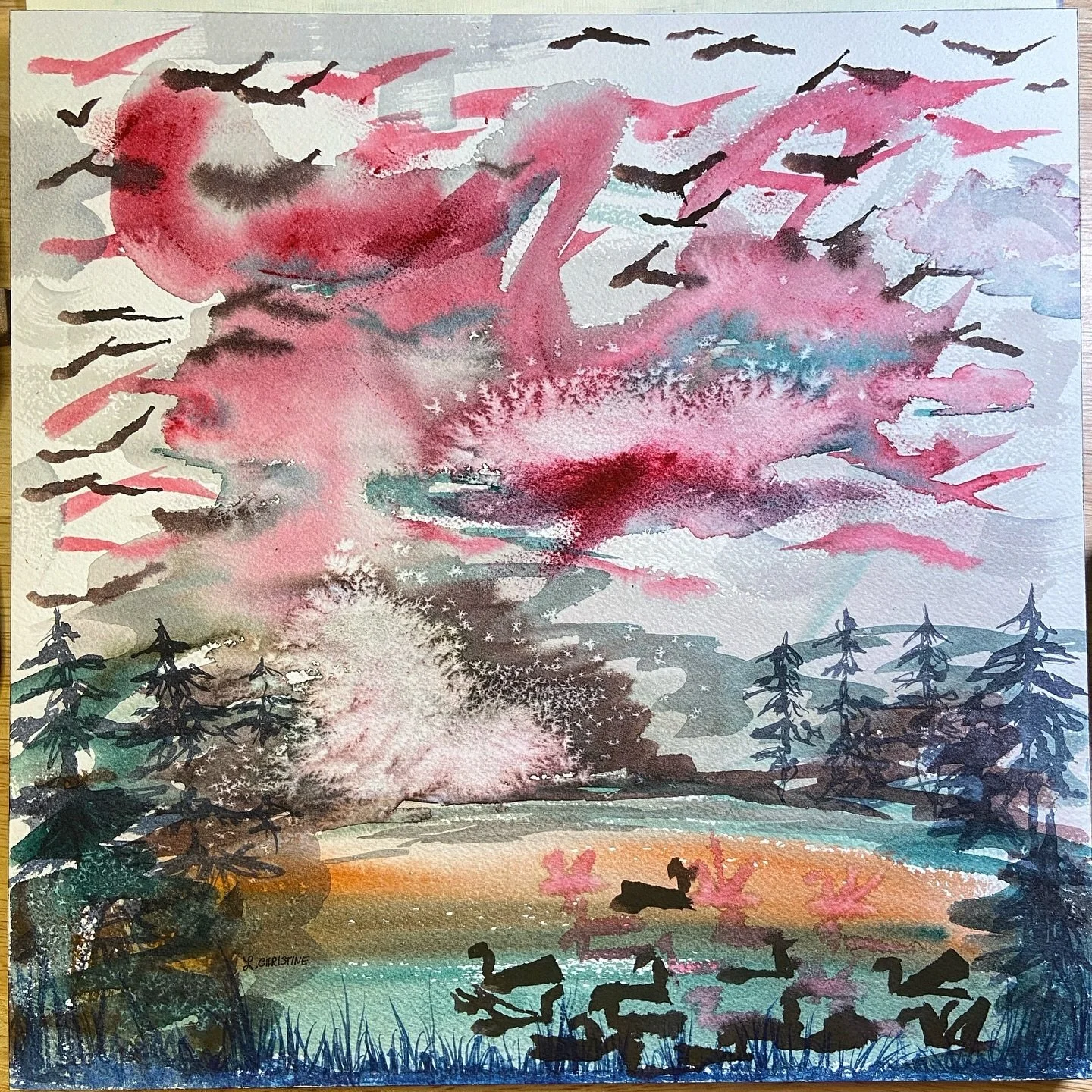 Definitely feel better after a painting session. Some moody fall color vibes in this one. I really like what&rsquo;s happening here with the texture and abstract bits. Creative flow, it just came out that way. 🌲🩷

Moody
Watercolor
👩&zwj;🎨 @lchris
