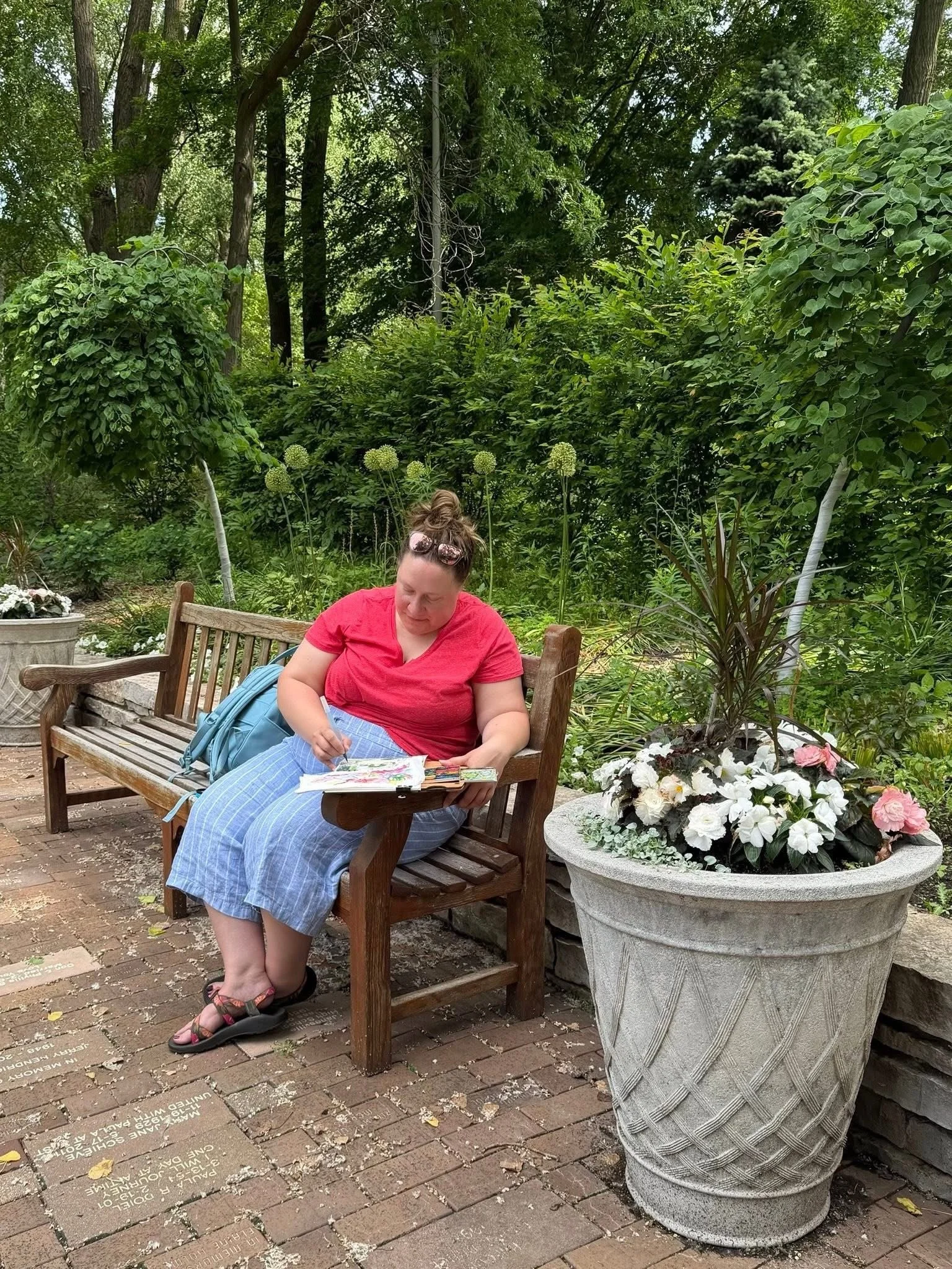 Sunday morning Creative Garden Gathering at the Botanical Gardens. We hung out in the sunken garden today. The shade and the fountain were great. This is one of my favorite gardens, I love the big stone arch, that&rsquo;s covered in vines. And I got 