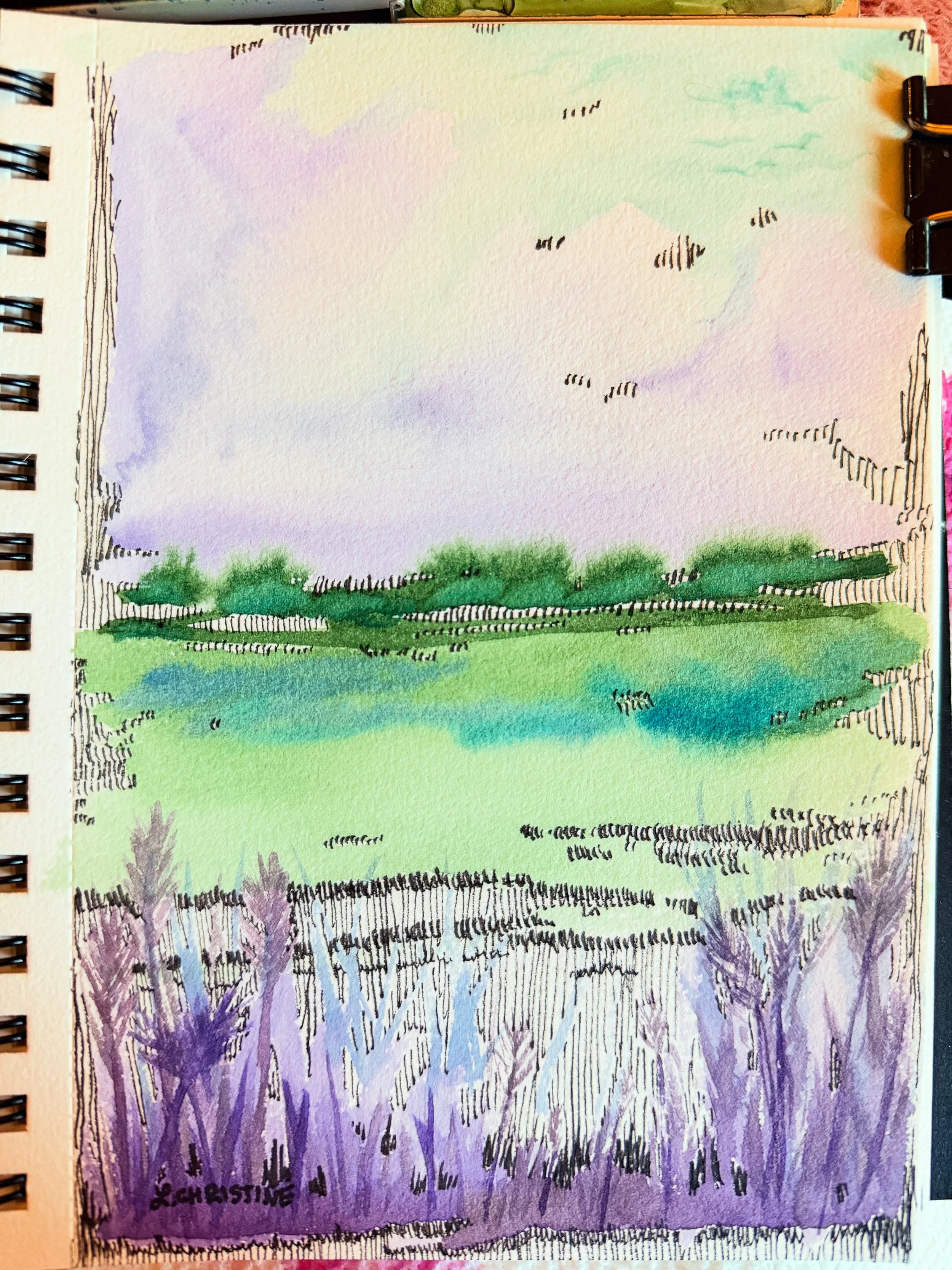 👩&zwj;🎨 @lchristineart 
Landscape in sketchbook 
Watercolor and pen