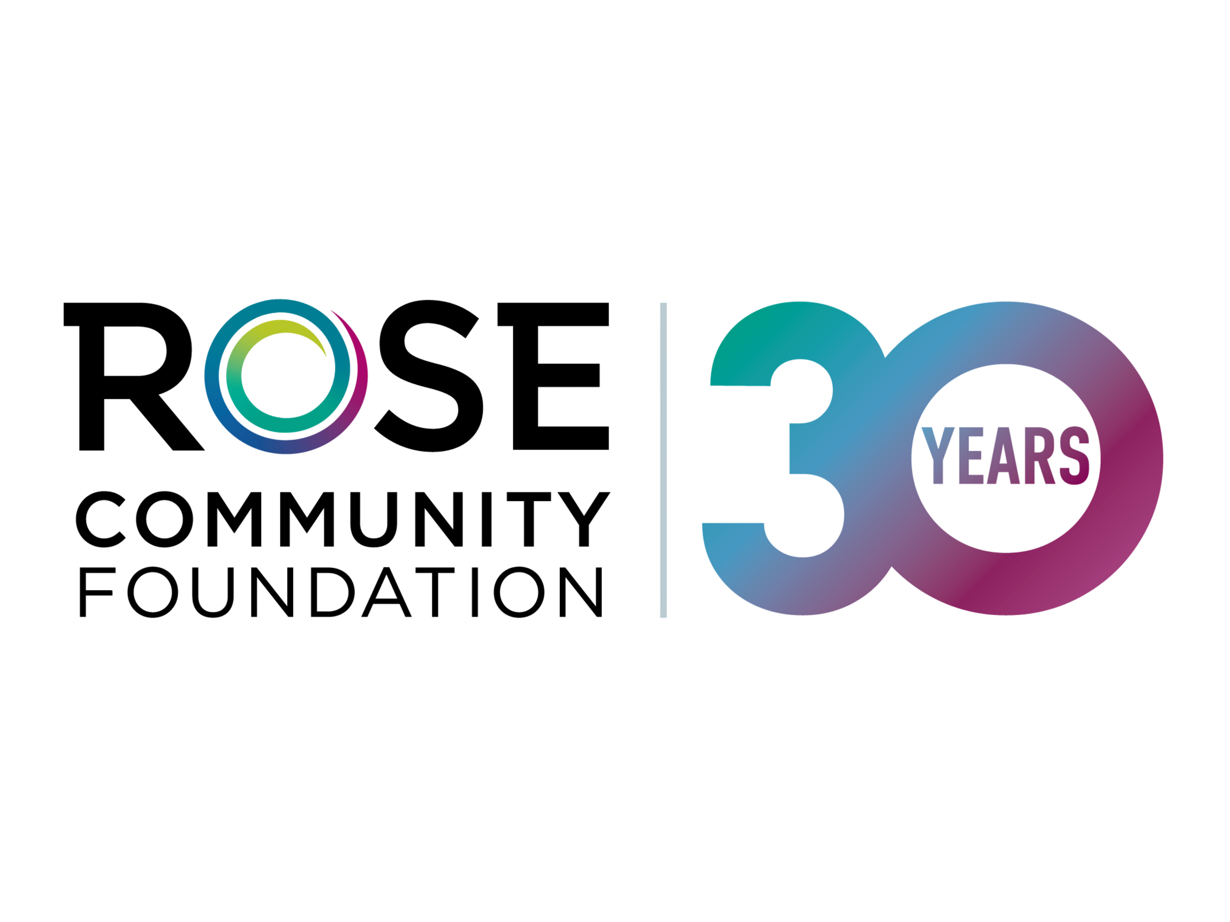 Logo of Rose Community Foundation with multicolor spiral replacing the letter 'O' in Rose and number 30 to the right of the text with the word 'years' inside the 0