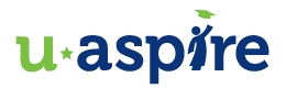 UAspire logo in green and blue text with a graduate replacing the letter 'i' in aspire