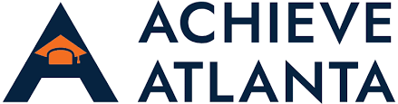 Achieve Atlanta text in navy blue with letter A to the left and orange graduation cap inside the letter