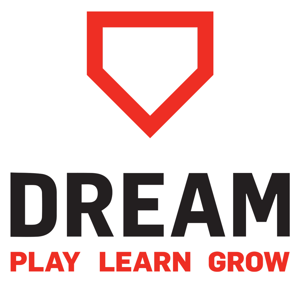 DREAM logo in black text with "play, learn, grow" in red text below and a red pentagon above in a downward orientation
