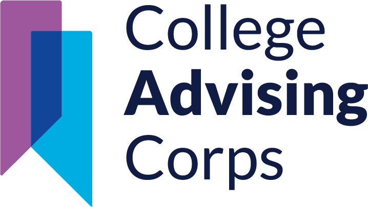 College Advising Corps logo in navy text with purple and blue ribbons