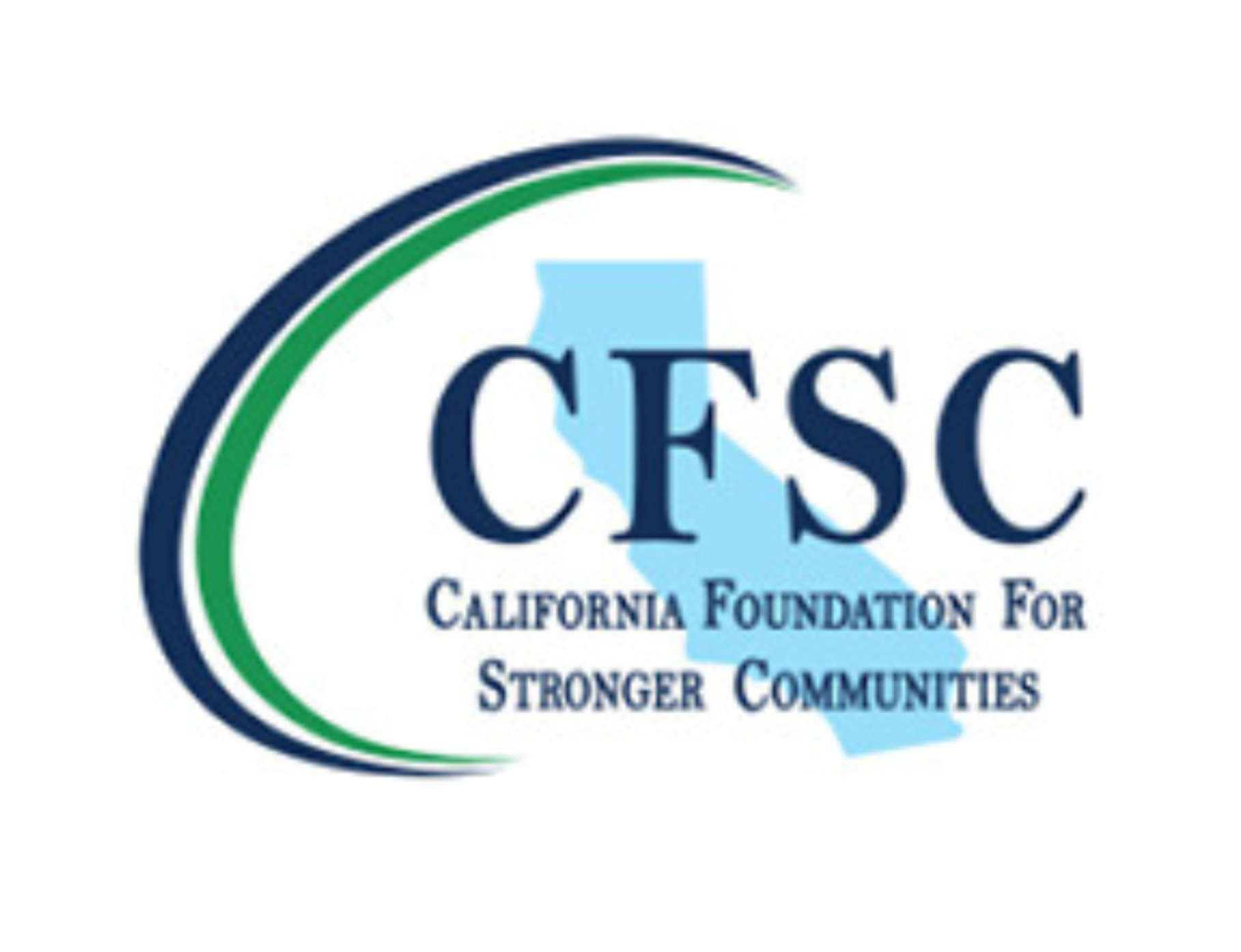 California Foundation for Stronger Communities logo in blue text with the shape of california behind the text inside a stylized blue and green half circle