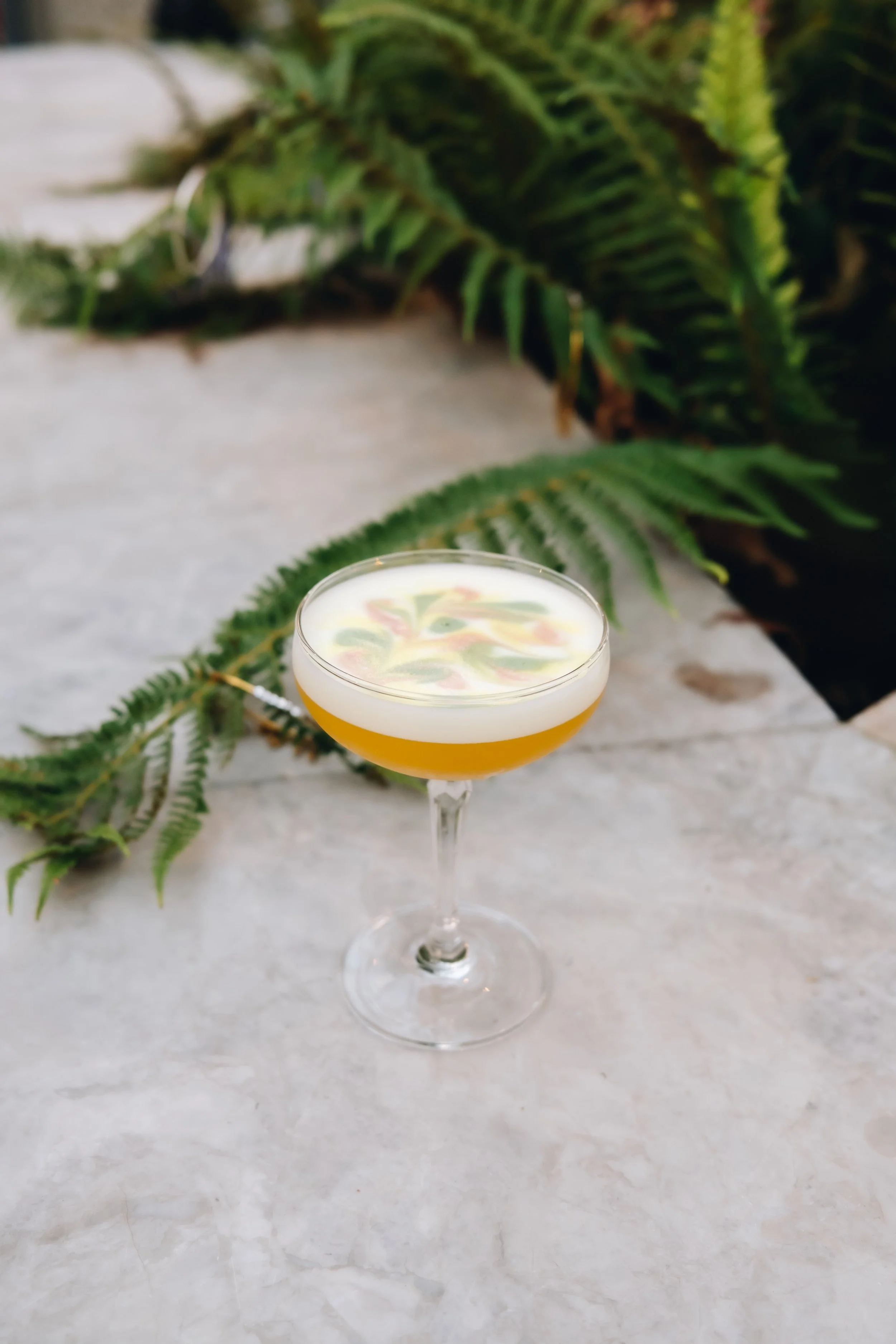 A cocktail in a coupe glass with a yellow base, topped with a white creamy foam and garnished with colorful fruit or vegetable slices. The glass is placed on a light-colored surface with green fern leaves in the background.