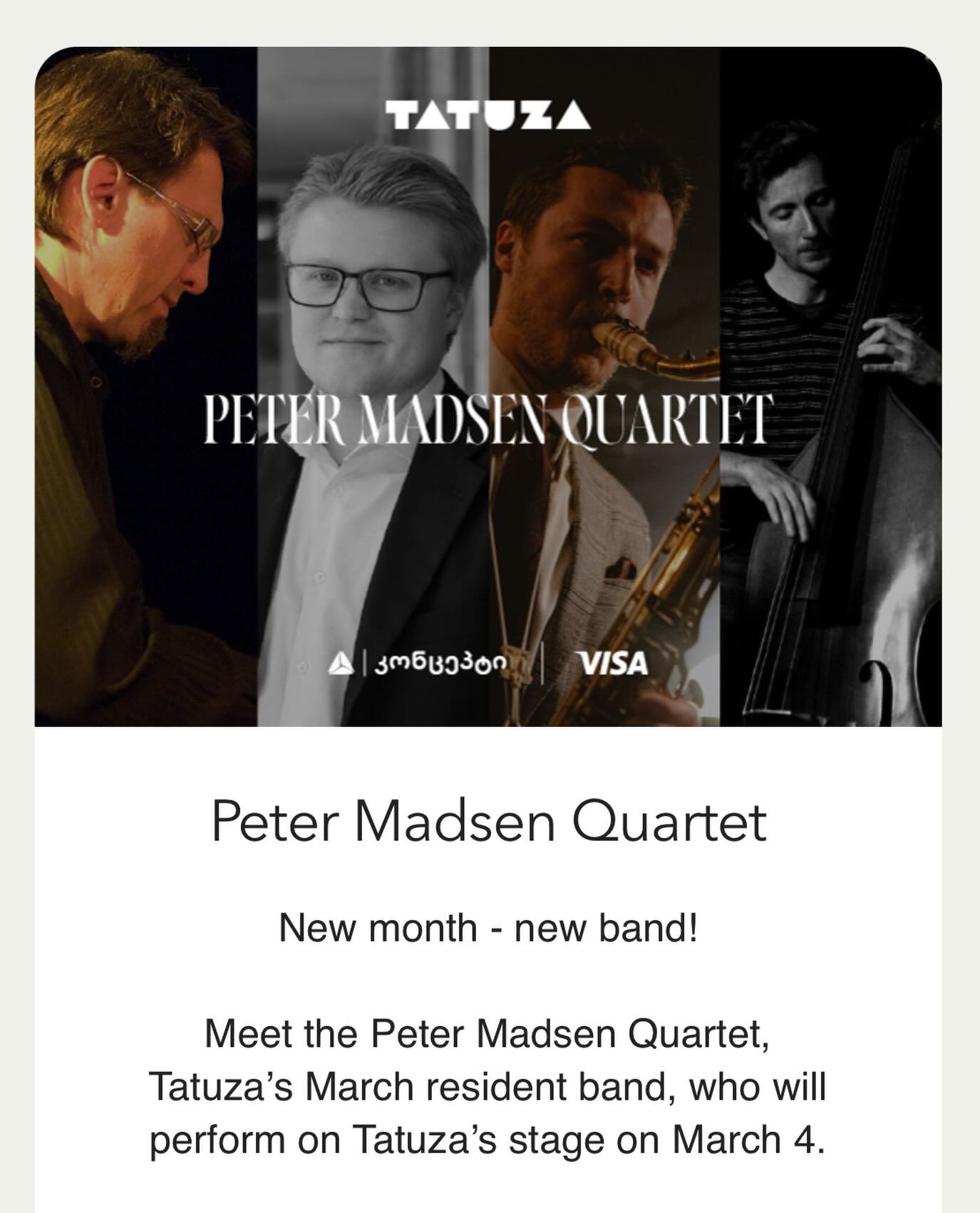 I&rsquo;m excited to announce that next week I&rsquo;ll be flying to Tbilisi, Georgia with the Peter Madsen Quartet to perform as the resident band of @tatuzatelegraph for the entire month of March! I&rsquo;m looking forward to performing Peter&rsquo