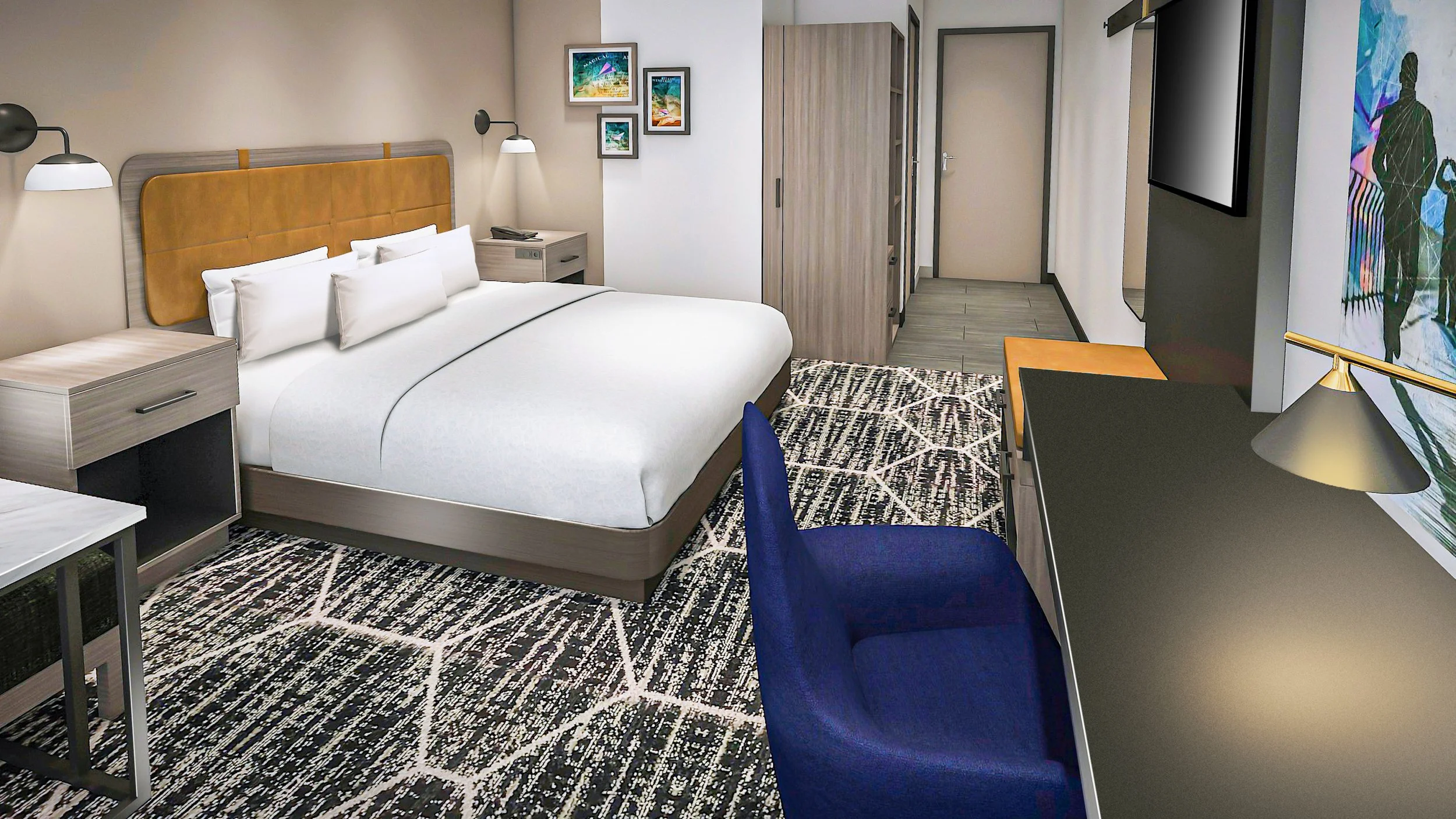 Modern hotel room with a large bed, bedside tables, a flat-screen TV, a blue chair at a desk, and colorful artwork on the walls.