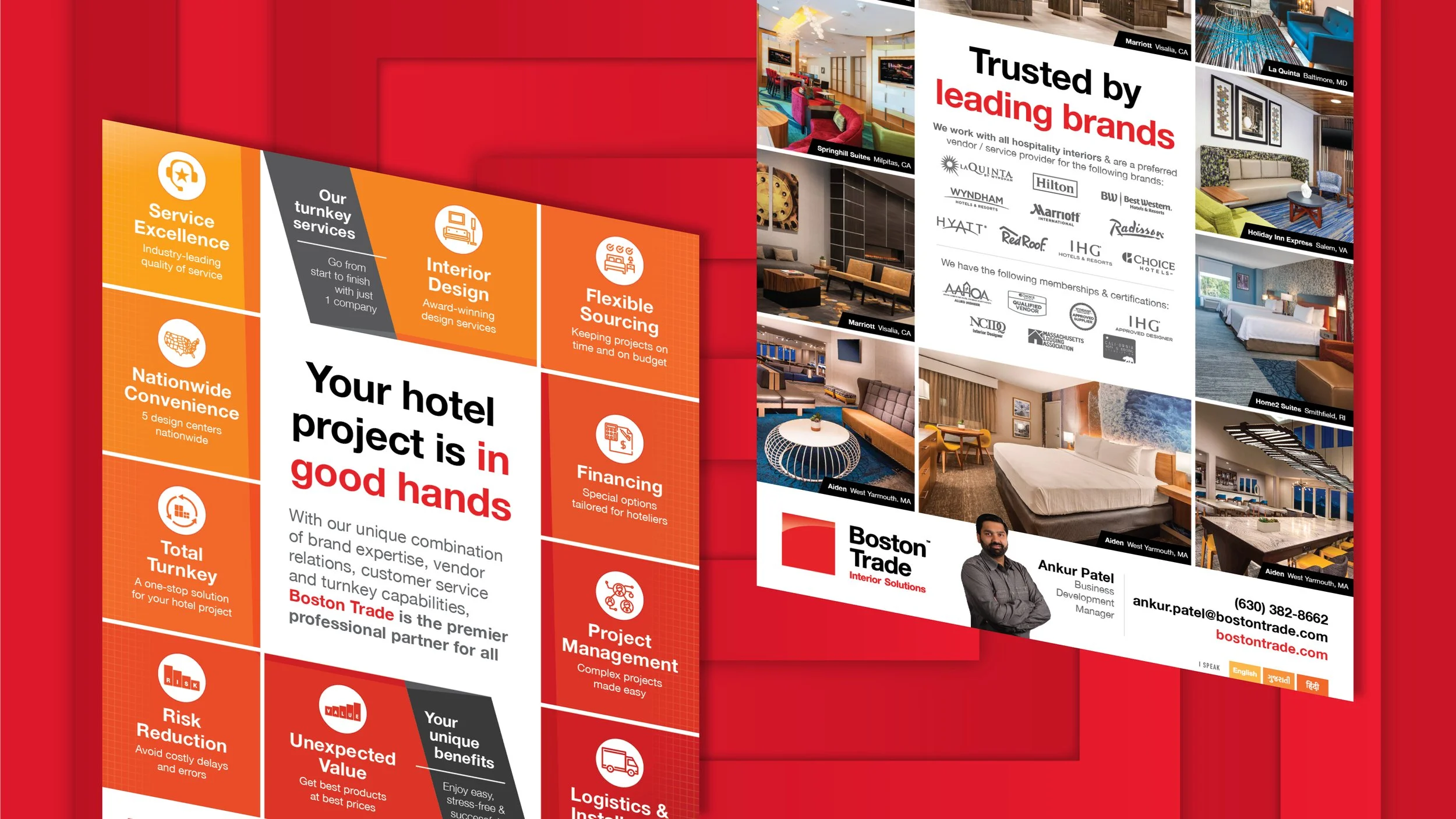 Interior design brochure showcasing hotel project services, including design, sourcing, project management, and financing, with images of hotel interiors and a business card for Ankur Patel.