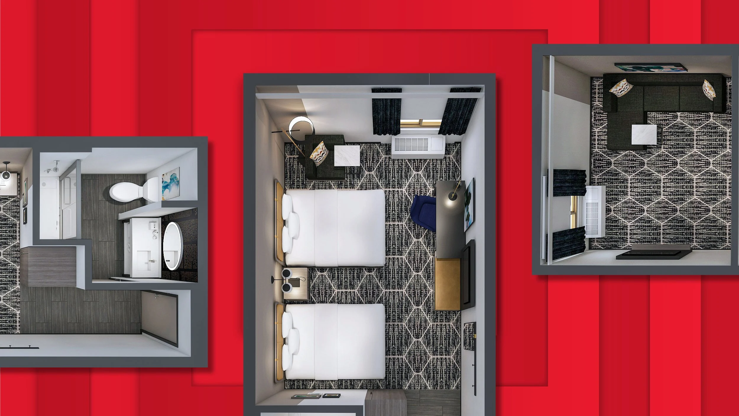 Top-down view of three hotel rooms on a red background, showing a bathroom, a bedroom with two beds, and an empty room with black and white patterned carpet.