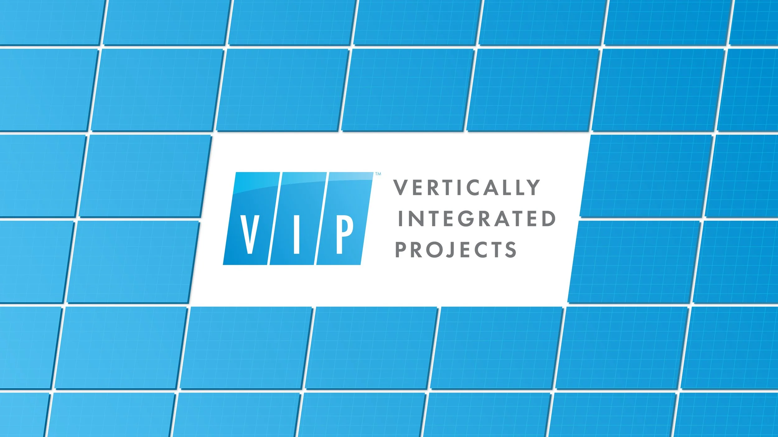 Logo for VIP, a company specializing in vertically integrated projects, surrounded by blue solar panels.
