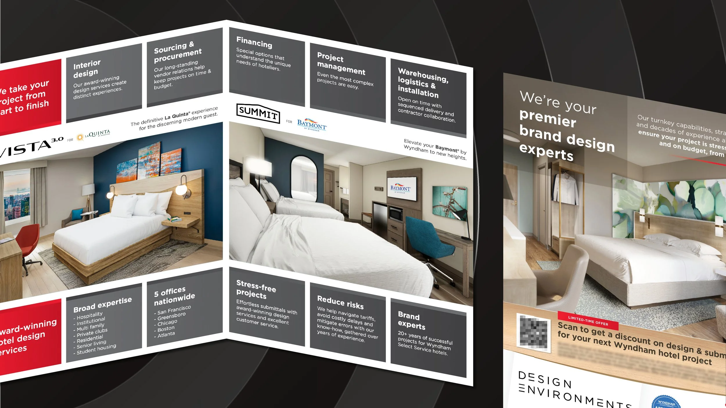 Promotional brochure for hotel interior design services, featuring images of modern hotel rooms, and text highlighting expertise and services in hotel project design, management, and branding.
