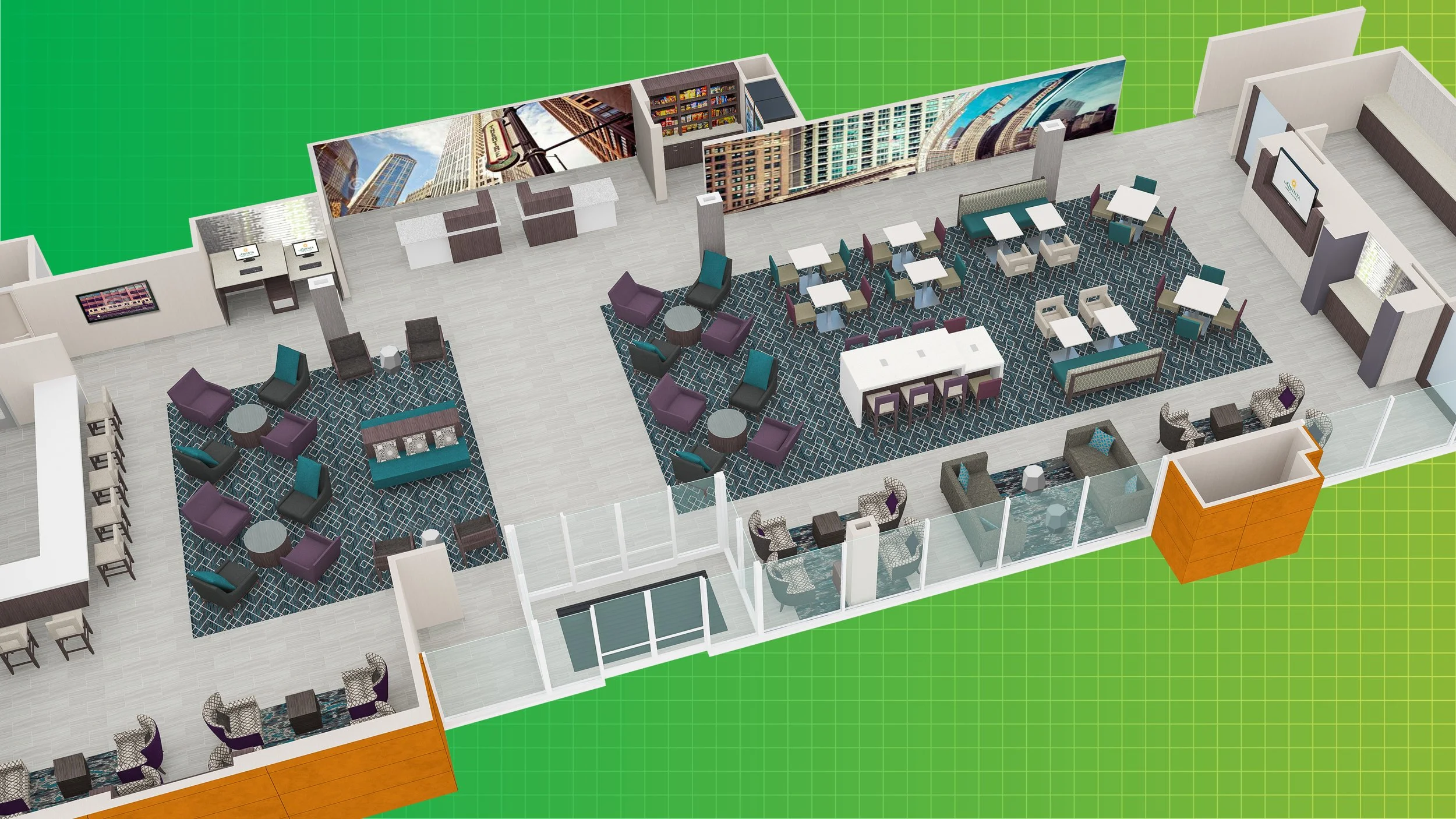 Floor plan of a modern lounge area with various seating options, including armchairs, sofas, and tables, along with a bar area and a conference table. The space features patterned carpets, wall murals of cityscapes, and glass walls overlooking an out