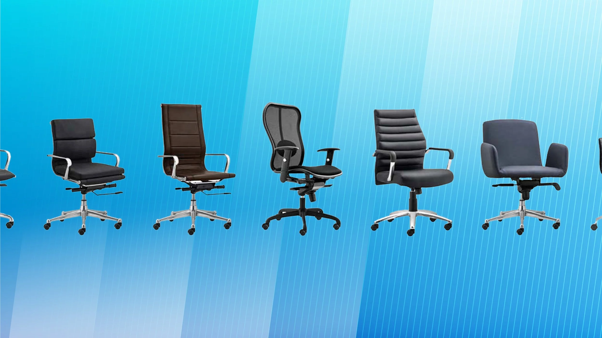 Various types of black and brown office chairs lined up against a blue striped background.