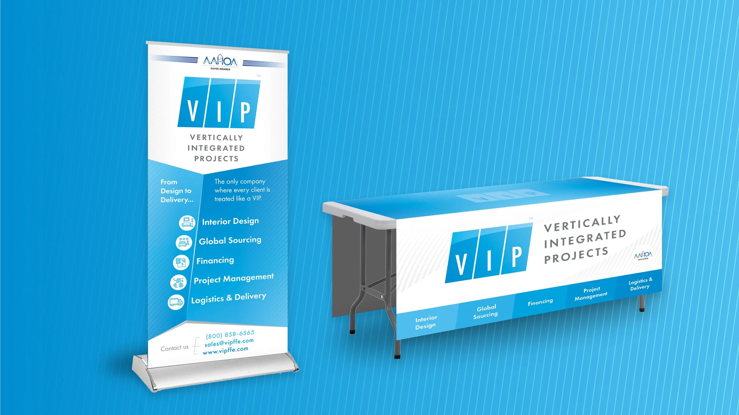 Blue and white promotional display with VIP logo for vertically integrated project services, including interior design, global sourcing, financing, project management, and logistics and delivery, along with contact information.