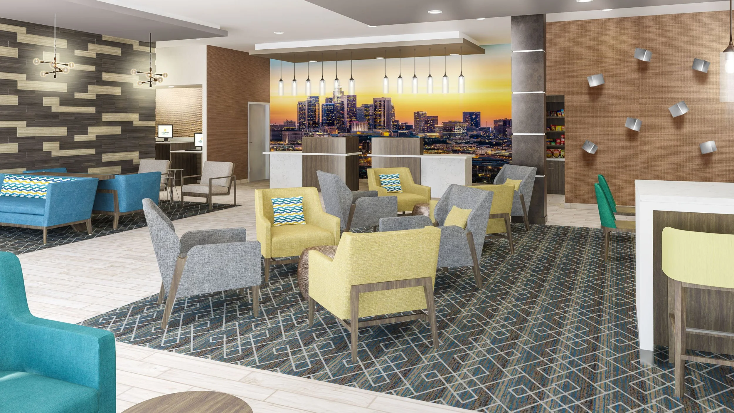 Modern hotel lobby with colorful chairs, a city skyline mural, and decorative lighting fixtures.