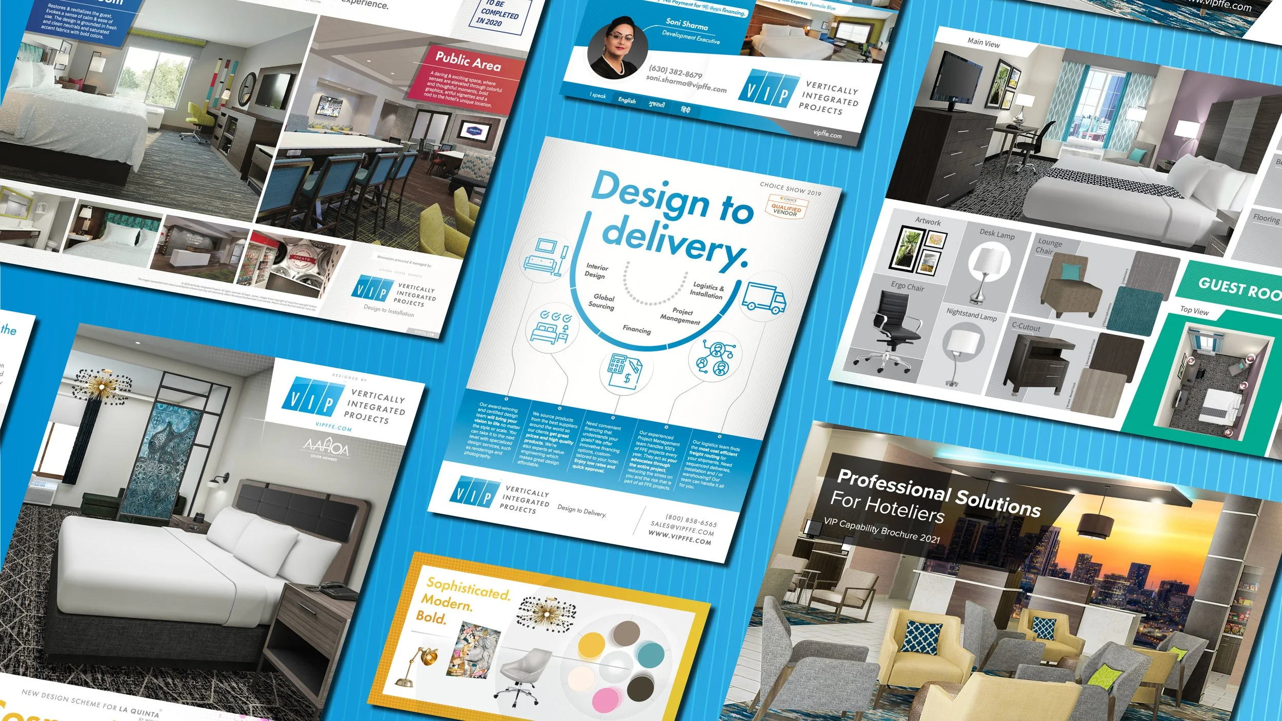 Collection of interior design and project brochures showcasing hotel rooms, modern living spaces, and office interiors with various furniture and decor items.