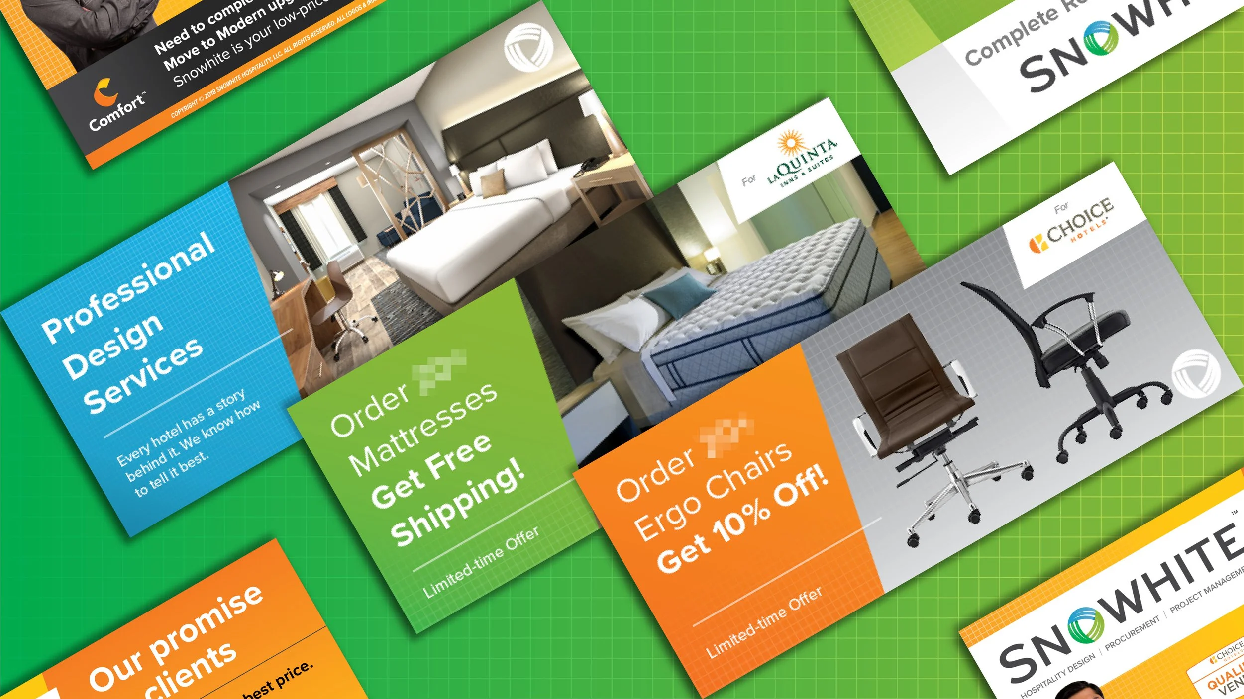 Collection of colorful flyers advertising hotel interior design services and promotions, featuring images of hotel rooms, mattresses, and office chairs, with green, blue, orange, and white backgrounds.