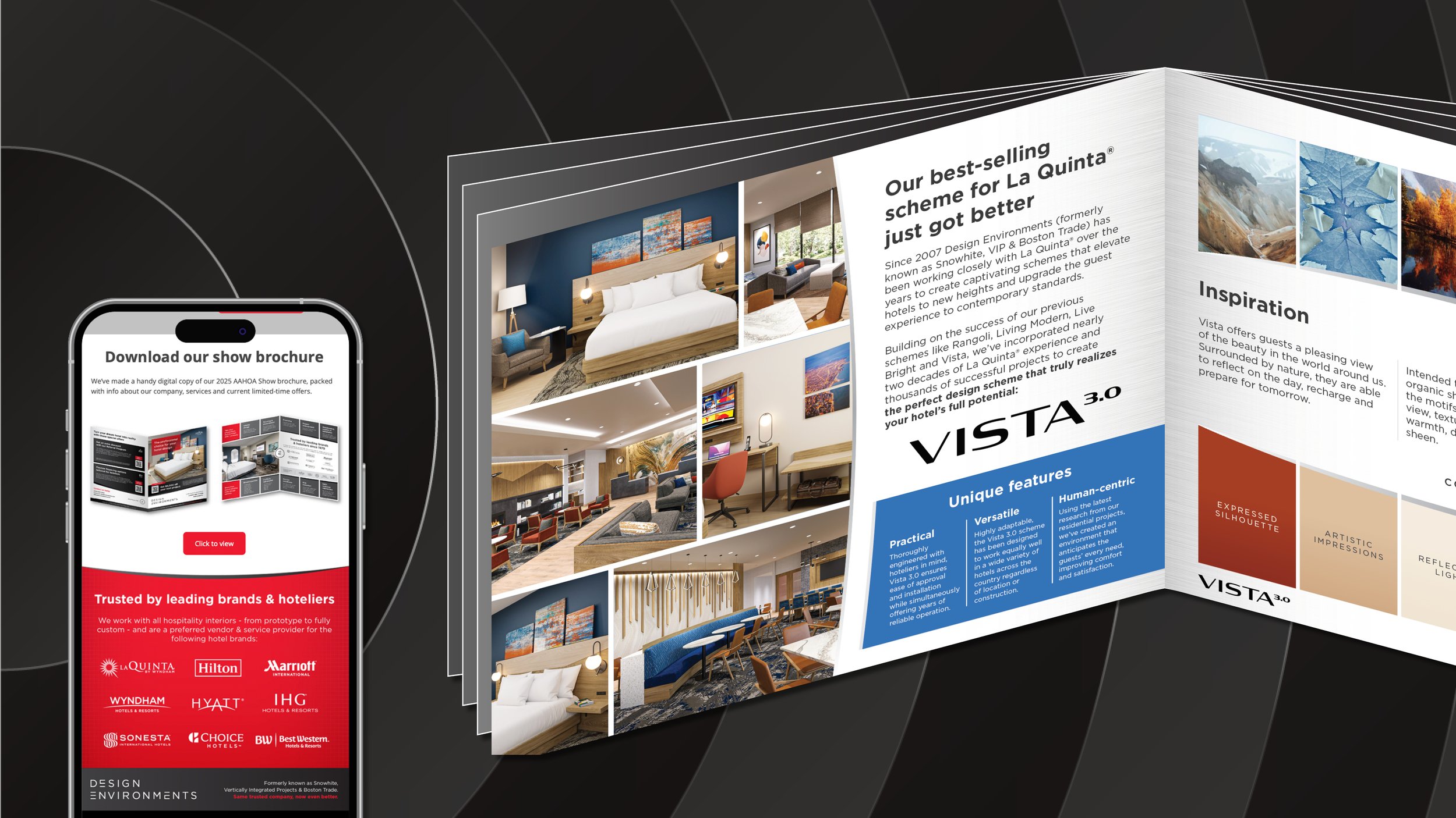A brochure and a mobile phone displaying a digital brochure for a hotel brand, showcasing interior images and brand logos.